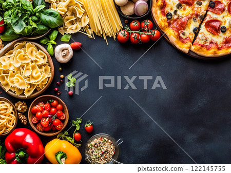 Traditional italian cuisine food with pizza and various pasta with vegetables and olive oil. 122145755