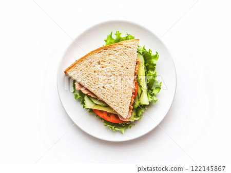 Plate with toasted ham and cheese sandwiches on white background.Top view.AI Generative. Plate with toasted ham and cheese sandwiches on white background.Top view.AI Generative. 122145867