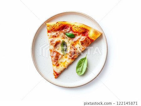 Fresh tasty pizza slice with cheese and sauce on plate on white background.Top view.AI Generative. Fresh tasty pizza slice with cheese and sauce on plate on white background.Top view.AI Generative. 122145871