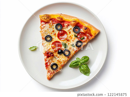 Fresh tasty pizza slice with cheese and sauce on plate on white background.Top view.AI Generative. 122145875