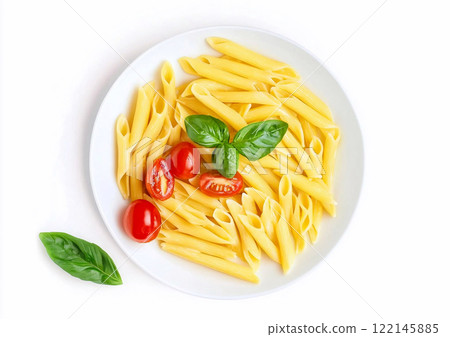 Plate with pasta and basil and tomatoes on white background.Top view.AI Generative. Plate with pasta and basil and tomatoes on white background.Top view.AI Generative. 122145885