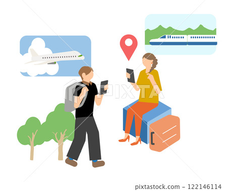 Illustration of a man and woman planning a trip on a smartphone 122146114