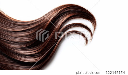 Brown wavy silky glossy hair wave on white background for hair.Macro.AI Generative. Brown wavy silky glossy hair wave on white background for hair.Macro.AI Generative. 122146154