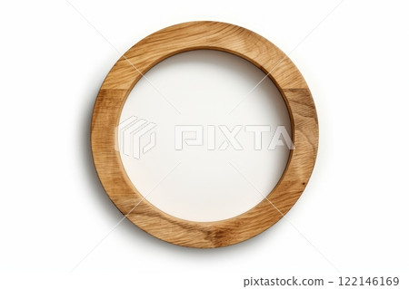 Round wooden photo frame isolated on white background. Empty space for text or picture. Generated AI 122146169