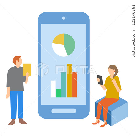 Illustration of a man and woman analyzing graphs while looking at a smartphone Illustration of a man and woman analyzing graphs while looking at a smartphone 122146262