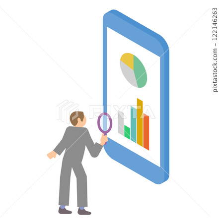 Isometric illustration of a man analyzing graphs while looking at his smartphone Isometric illustration of a man analyzing graphs while looking at his smartphone 122146263