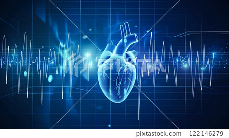Heart wave technology background Shows the rhythm of the heart that is pumping. dark blue background with a grid, 122146279
