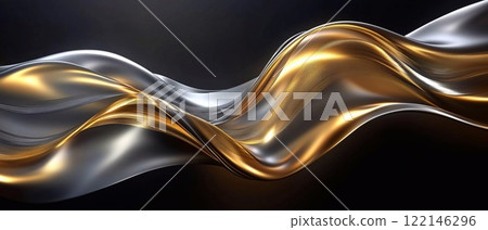 Golden and silver glowing waves shapes textured dynamic black liquid background.Macro.AI Generative. 122146296