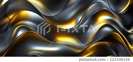 Glowing golden and silver wave shapes textured dynamic liquid background.Macro.AI Generative. 122146326