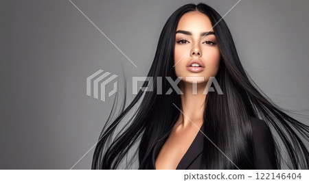 Young beautiful woman model brunette with long black silky shining hair.Macro.AI Generative. 122146404