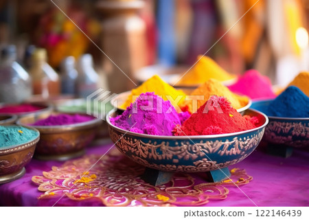 Banner consisting from traditional species paint in bowl for celebration holiday sukkot, Ai generated Banner consisting from traditional species paint in bowl for celebration holiday sukkot, Ai generated 122146439