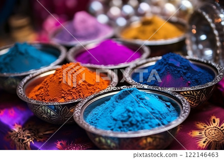 Banner consisting from traditional species paint in bowl for celebration holiday sukkot, Ai generated 122146463