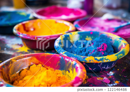 Banner consisting from traditional species paint in bowl for celebration holiday sukkot, Ai generated 122146486