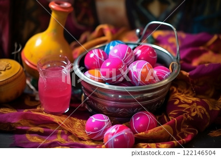 Banner consisting from traditional species paint in bowl for celebration holiday sukkot, Ai generated Banner consisting from traditional species paint in bowl for celebration holiday sukkot, Ai generated 122146504