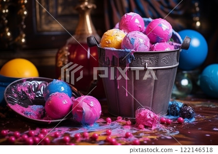 Banner consisting from traditional species paint in bowl for celebration holiday sukkot, Ai generated 122146518