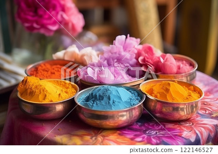 Banner consisting from traditional species paint in bowl for celebration holiday sukkot, Ai generated 122146527