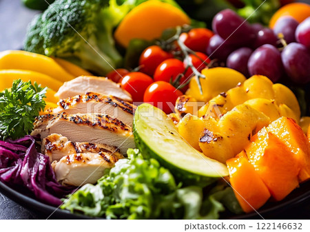 Chicken and vegetables with sweet ripe fruits on plate for healthy weight.Macro.AI Generative. 122146632
