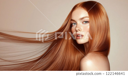 Beautiful woman model with long ginger red silky shining hair for hair.Macro.AI Generative. 122146641