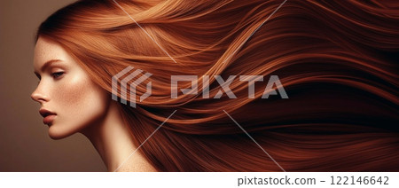 Beautiful woman model with long ginger red silky shining hair for hair.AI Generative. 122146642