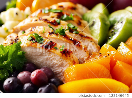 Healthy fresh lunch with chicken and vegetables with sweet ripe fruits on plate.Macro.AI Generative. 122146645