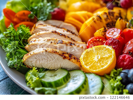 Healthy fresh lunch with chicken and vegetables with sweet ripe fruits on plate.Macro.AI Generative. 122146646