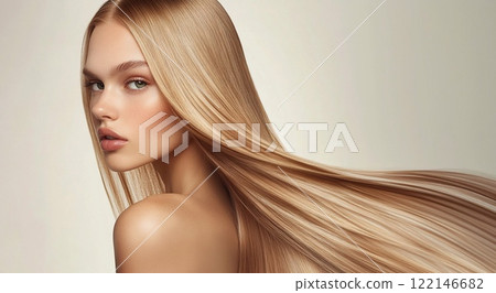 Studio shot of young beautiful woman with long silky blond hair for hair.AI Generative. 122146682