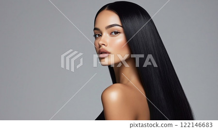 Studio shot of beautiful woman with long silky black hair for hair.Macro.AI Generative. 122146683
