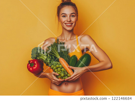 Woman holding fresh ripe fruits and vegetables as healthy diet weight loss concept.AI Generative. 122146684