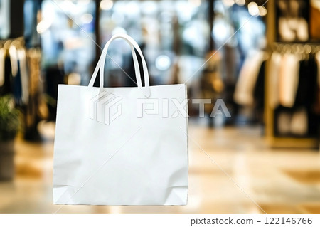 Retail sale fashion promotion background, White shopping bag over blurred store shop background, online business template, backdrop, wallpaper for marketing advertisement, web banner for e commerce 122146766