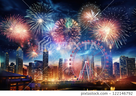 Generative ai on theme festive brightly fireworks on twilight background high in dark sky Generative ai on theme festive brightly fireworks on twilight background high in dark sky 122146792
