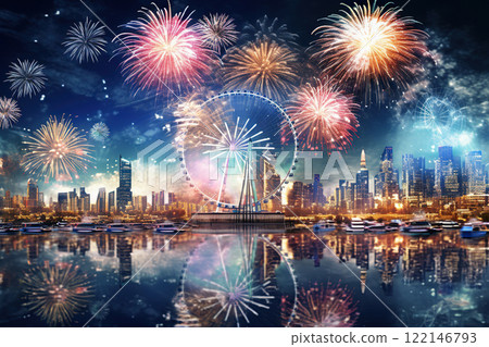 Generative ai on theme festive brightly fireworks on twilight background high in dark sky Generative ai on theme festive brightly fireworks on twilight background high in dark sky 122146793