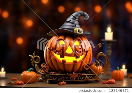 Banner consisting from big scary pumpkin for celebration holiday Halloween, Ai generated 122146871