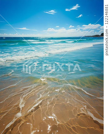 海灘與美麗的藍色波浪人工智慧生成的圖像 122146881
