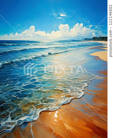 夏季沙灘，美麗的藍色波浪 AI 生成圖像 122146882