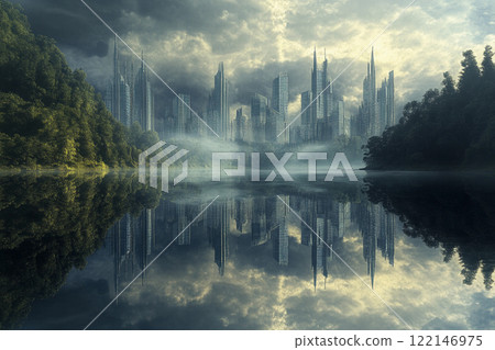 City skyline reflects in calm lake surrounded by trees during sunset with vibrant clouds and soft glow 122146975