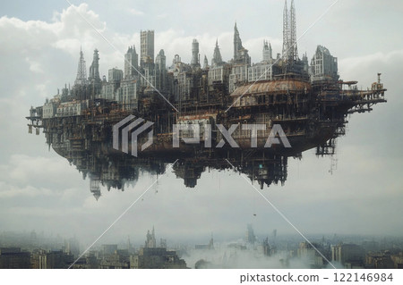Floating industrial city above a modern skyline during golden hour 122146984