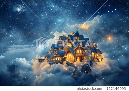 Enchanted village nestled among clouds with glowing windows under a starlit sky Enchanted village nestled among clouds with glowing windows under a starlit sky 122146993