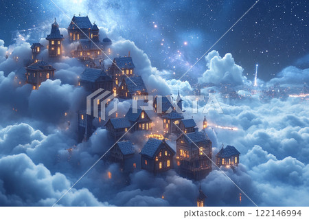 Enchanted village nestled among clouds with glowing windows under a starlit sky 122146994