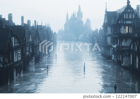 Flooded urban landscape depicts streets submerged in water with historic buildings in view near the city center during daylight Flooded urban landscape depicts streets submerged in water with historic buildings in view near the city center during daylight 122147007