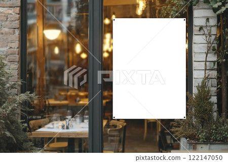 White paper poster mockup displayed outside the building restaurant. Marketing and business concept. 122147050