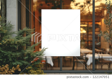 White paper poster mockup displayed outside the building restaurant. Marketing and business concept. 122147051
