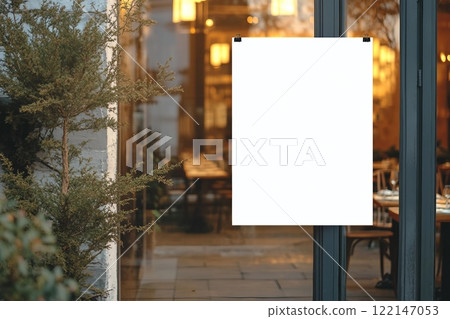White paper poster mockup displayed outside the building restaurant. Marketing and business concept. 122147053
