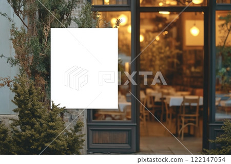 White paper poster mockup displayed outside the building restaurant. Marketing and business concept. White paper poster mockup displayed outside the building restaurant. Marketing and business concept. 122147054