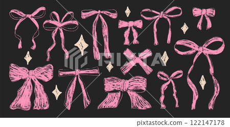 Crayon bow, ribbon set with sparkles. Chalk drawing y2k bands. Pink coquette aesthetic bowknots. Girly present elements. Vector illustration isolated on dark background Crayon bow, ribbon set with sparkles. Chalk drawing y2k bands. Pink coquette aesthetic bowknots. Girly present elements. Vector illustration isolated on dark background 122147178