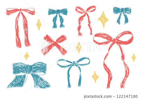 Crayon bow, ribbon set with sparkles. Chalk drawing bands. Colorful coquette aesthetic bowknots. Childish doodle present elements. Vector illustration isolated on white background 122147180
