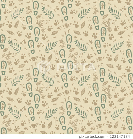 Woodland seamless pattern. Forest endless background. Beige repeat cover. continuous ornament. Vector hand drawn illustration. 122147184