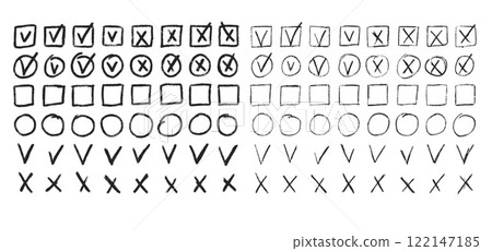 Set of checkboxes. Tick and check marks pack. Cross and v sign pencil drawn. Correct and wrong symbols. Vector doodle collection illustration isolated on white background Set of checkboxes. Tick and check marks pack. Cross and v sign pencil drawn. Correct and wrong symbols. Vector doodle collection illustration isolated on white background 122147185