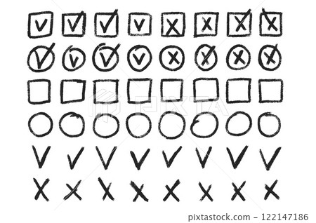 Set of checkboxes. Tick and check marks pack. Cross and v sign pencil drawn. Correct and wrong symbols. Vector doodle collection illustration isolated on white background Set of checkboxes. Tick and check marks pack. Cross and v sign pencil drawn. Correct and wrong symbols. Vector doodle collection illustration isolated on white background 122147186
