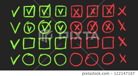 Set of checkboxes. Tick and check marks pack. Cross and v sign pencil drawn. Correct and wrong symbols. Vector doodle collection illustration isolated on dark background Set of checkboxes. Tick and check marks pack. Cross and v sign pencil drawn. Correct and wrong symbols. Vector doodle collection illustration isolated on dark background 122147187
