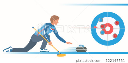 Winter sport. Curling Player with stone and brush on a ice rink. Curling Sheet and Stones near Tee. 122147531